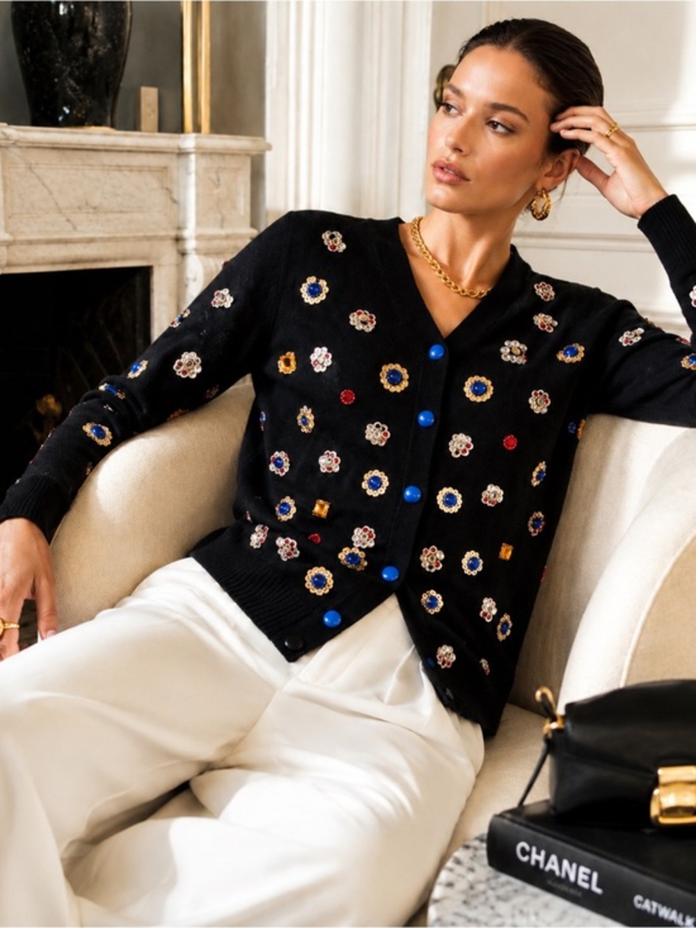 Molly Bracken Black Embellished S Cardigan Sweater Beaded Quiet Luxury Parisian